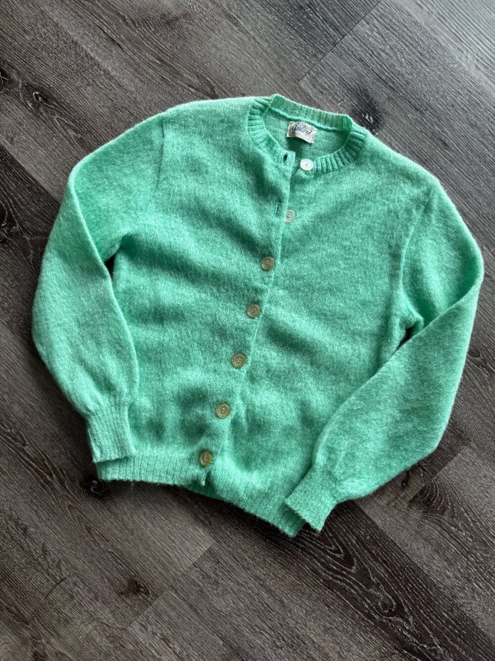 Vintage 1950s Seafoam Fuzzy Knit Cardigan | Garland Soft Wool Blend Sweater